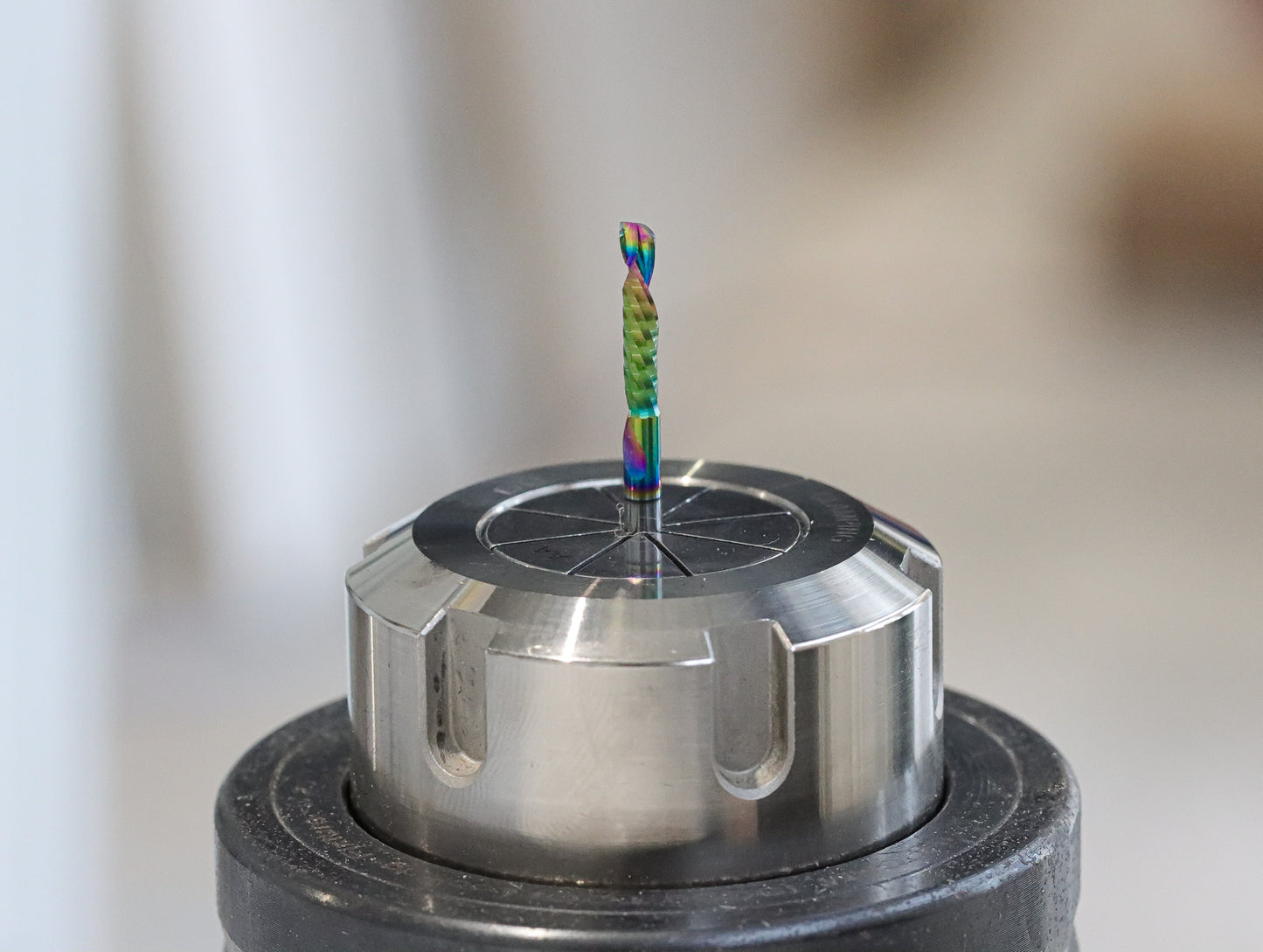 Atlas Tools Compression Spiral 1F 3.175x12 (DLC Coating) ULTRACLEAN for ACM and ACP view of tool in holder top side