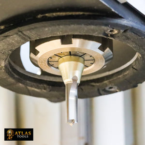 Atlas Tools TCT Router Bit 6x22 in Tool Holder Close Up View