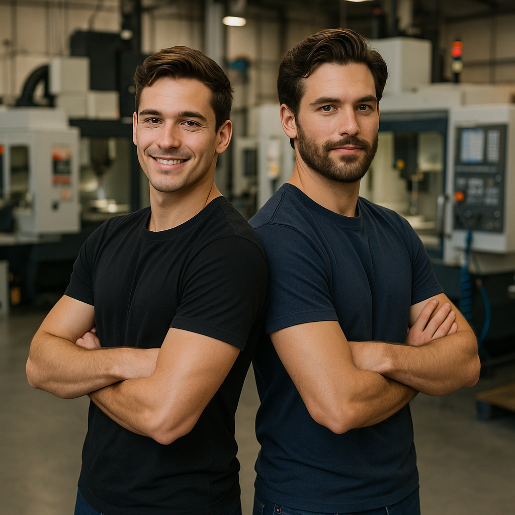 Two brothers standing shoulder to shoulder in manufacturing Atlas Tools Workshop