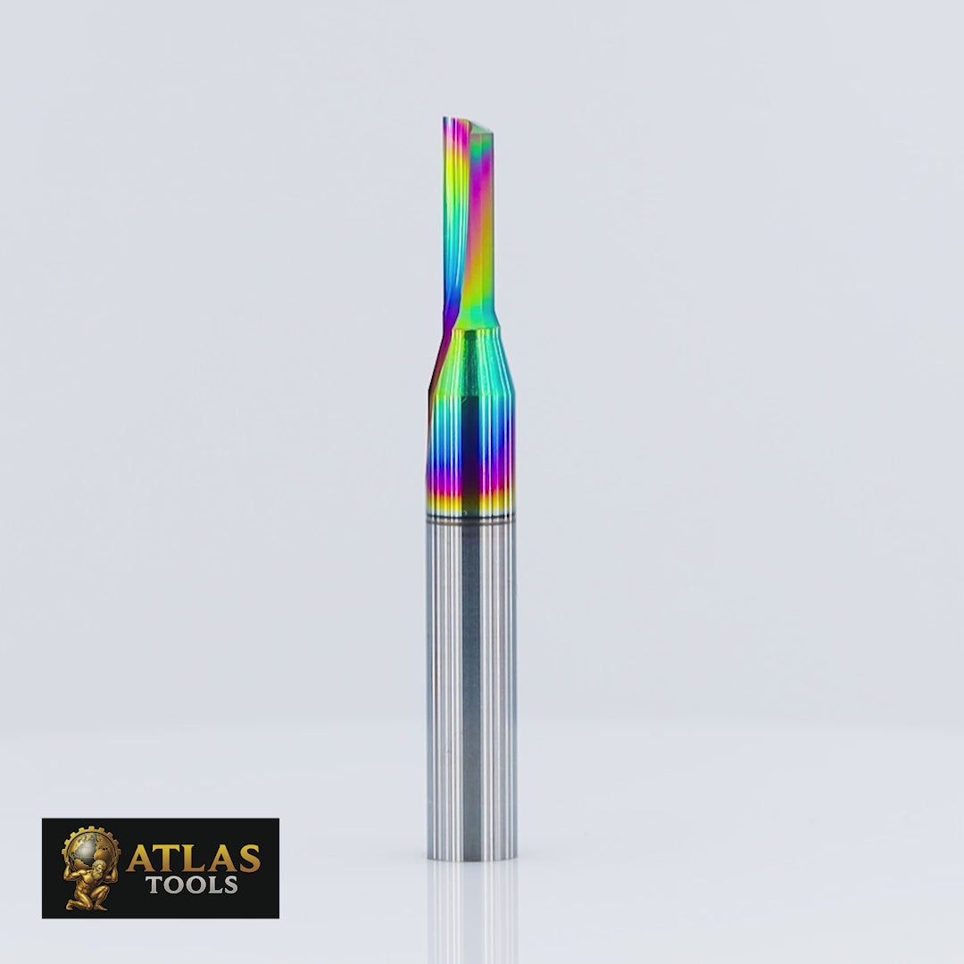 Atlas Tools Straight Flute Router Bit 4x12 DLC 1F Full Side View Video Rotating 360 degrees